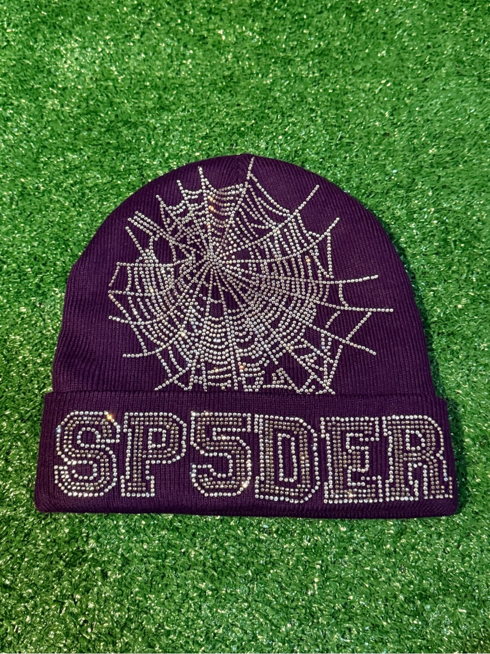 SP5DER Purple Rhinestone Beanie - Men Accessories Hats